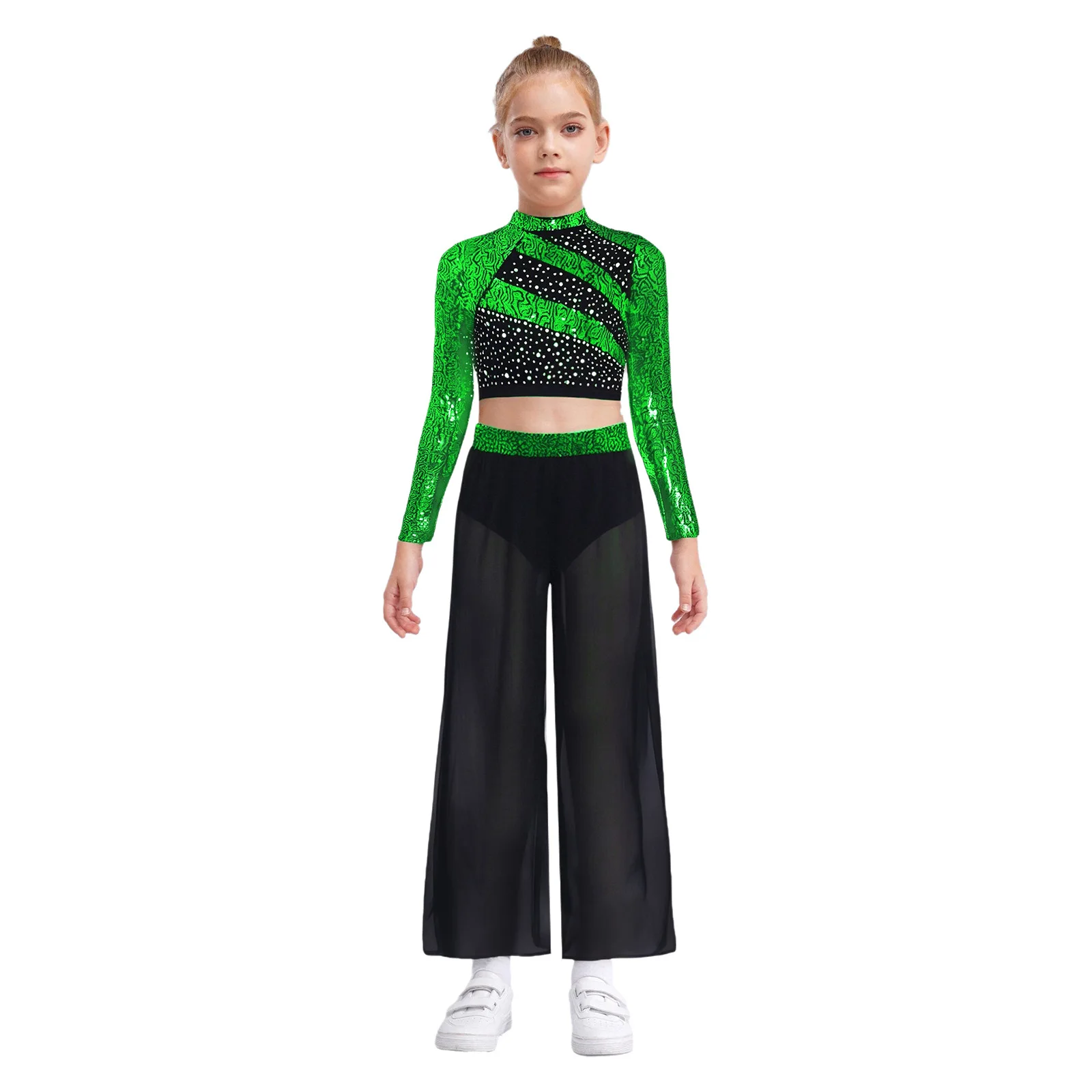 

Teen Girls Hip Hop Jazz Dance Costume Shiny Sequins Crop Top with Side Slit Chiffon Pants School Party Performance Streetwear