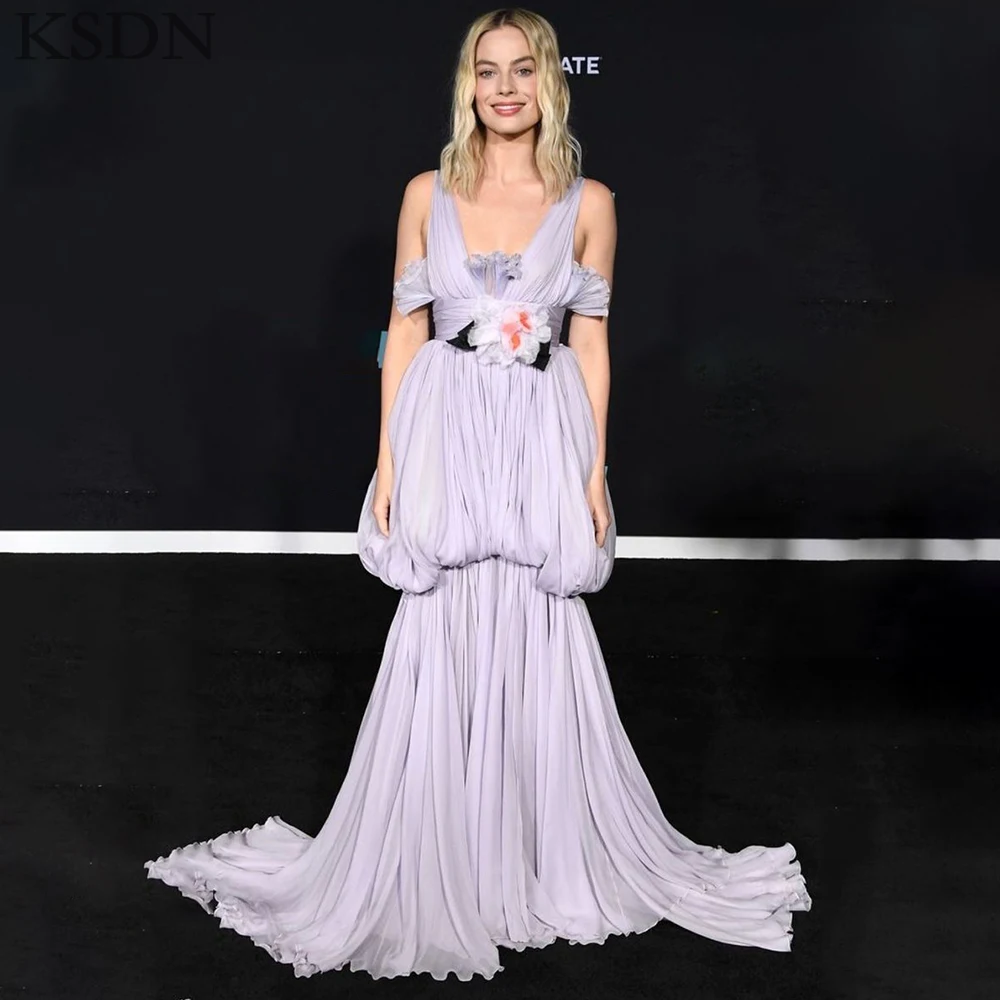 Vestido de Noche de Gasa Lavanda con Escote Profundo en V y Hombros Descubiertos, Falda de Burbujas Floral 3D, Cola Fluida, Estilo Sirena Formal para Invitadas de Boda y Fiesta de Graduación