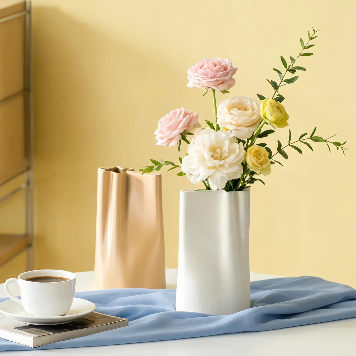 CAPIRON Ceramic Ruffle Pleated Flower Vase Nordic Style Modern Minimalist Home Decor Table Centerpiece Connected Dual Pottery