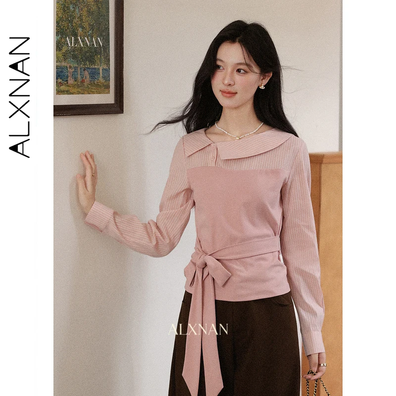 

ALXNAN Long Sleeve Pink Shirt Women's Autumn New Fake Two-piece Elegant Cotton Blouses Belt Office Lady Cute Tops Female L57636