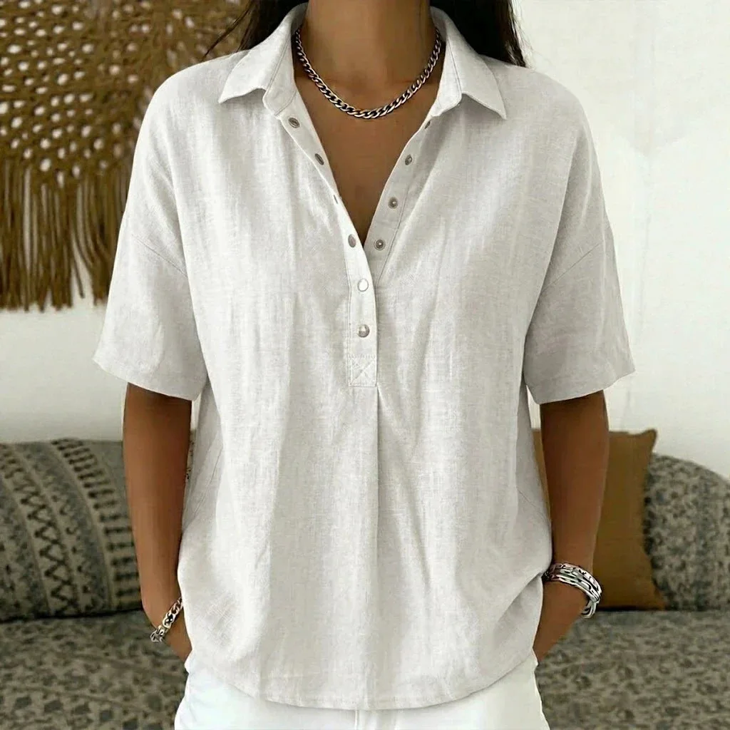 Summer 2026 Women's Loose Comfortable Pure Color Shirt Flip Collar Short Sleeve Cross-Border Independent Station  Shirt