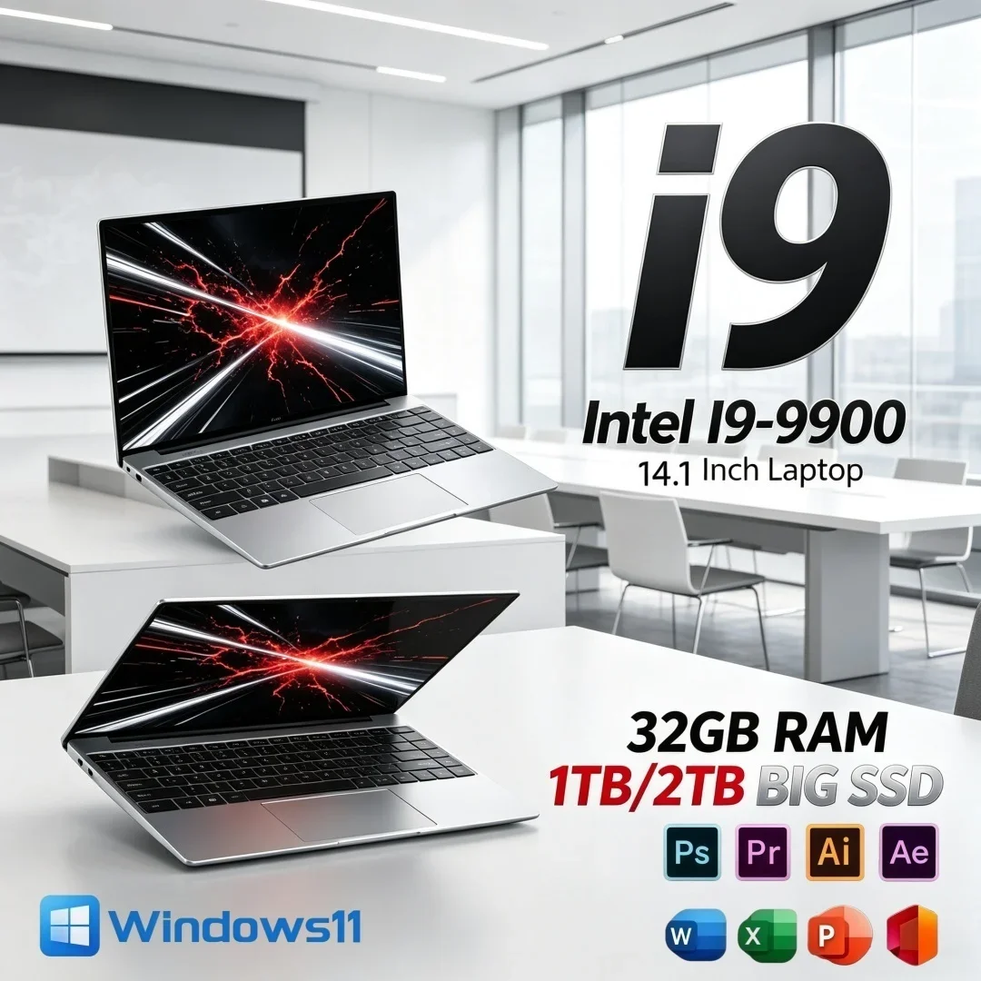 14.1 Inch Laptop Intel I9-9900 New Ultra Slim Laptop 32GB RAM 1TB 2TB SSD High Performance Windows 11 Original Portable