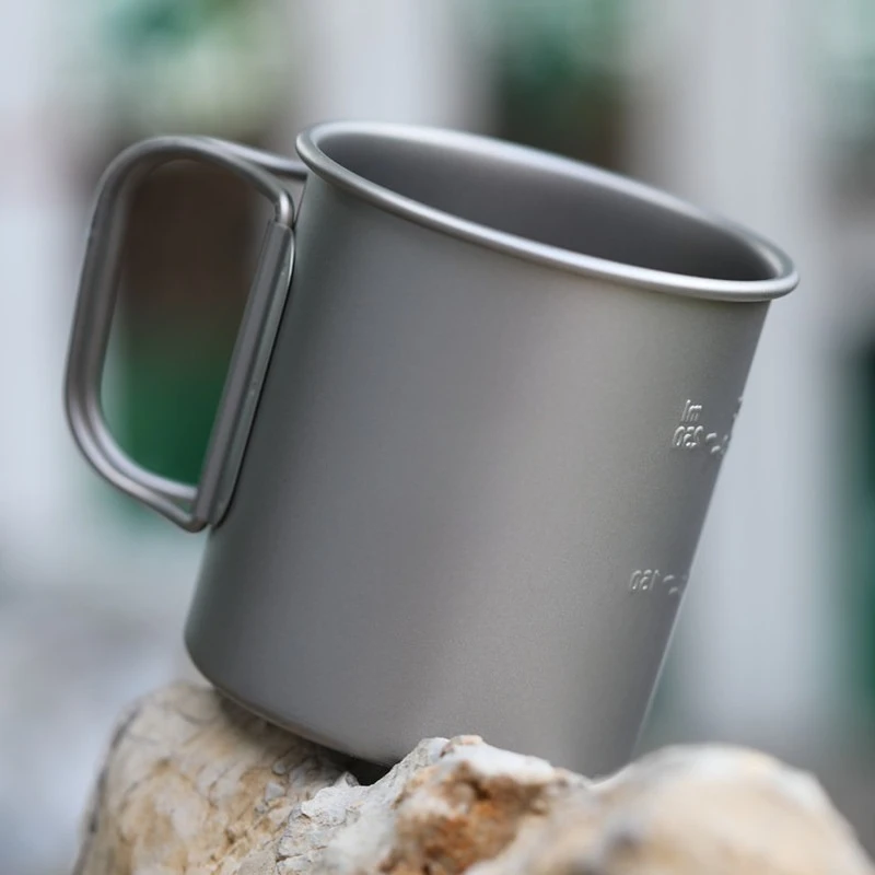 Pure Titanium Water Cup, Oblique Handle Cup, Camping Small Cup Coffee Cup with Lid, 375ml, Portable, Light and Healthy