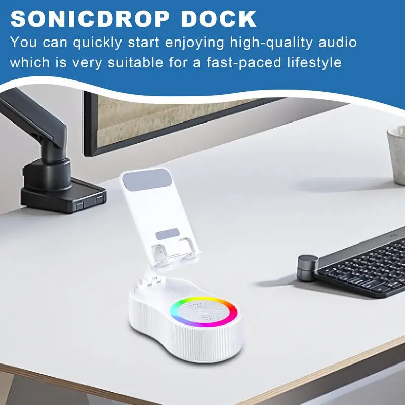 

Phone Stand With Speaker Travels Speaker With Charger Anti-Slip Base Adjustable Cell Phone Holder With Ambient LED Light For
