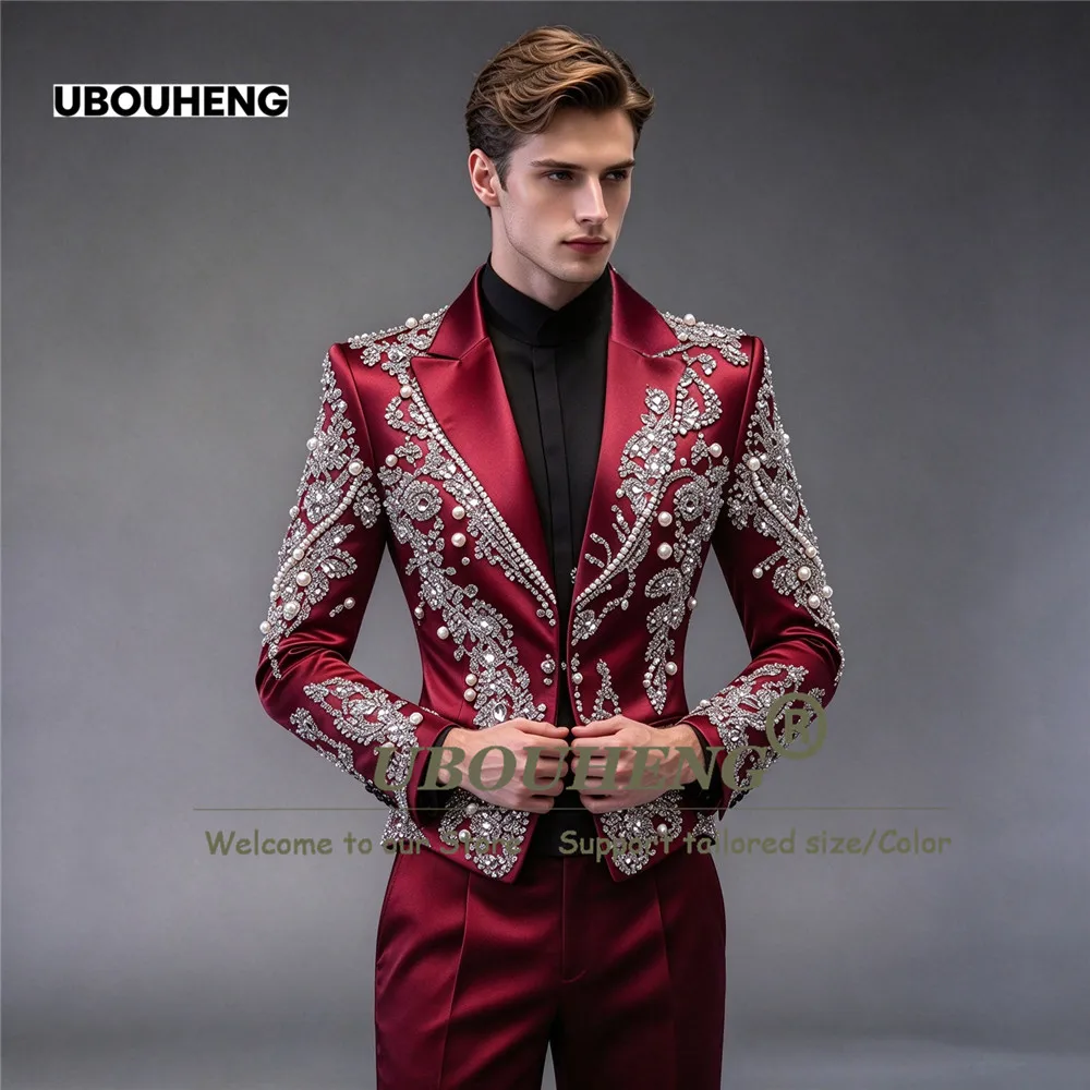 Luxury Beaded Stones Suits Men For Wedding Sparkly Satin Jacket Pants 2 Pieces Groom Tuxedo Customized Male Fashion Stage Outfit