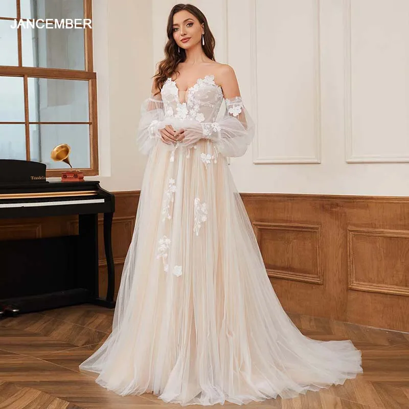 Elegante destacável fora do ombro a linha vestidos de casamento clássicos para mulher jancember rl246