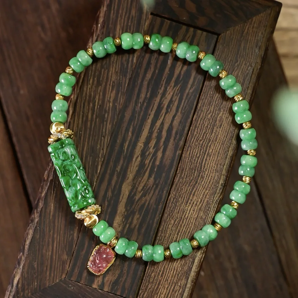 Natural Grade A Jadeite Carved Tube Bracelet S925 Gold Plated Pink Tourmaline Nine-Tailed Fox Charm Women Oriental Lucky Jewelry
