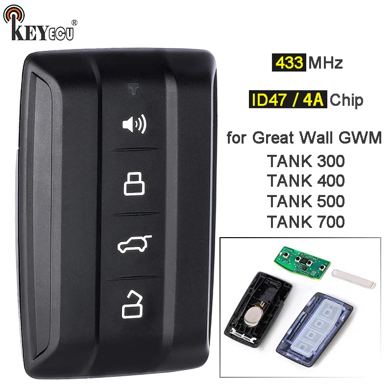 

KEYECU 433MHz 4A / ID47 Chip 4 Buttons Smart Remote Control Key Fob for Great Wall GWM Tank 300 300 400 500 700 2020-2024