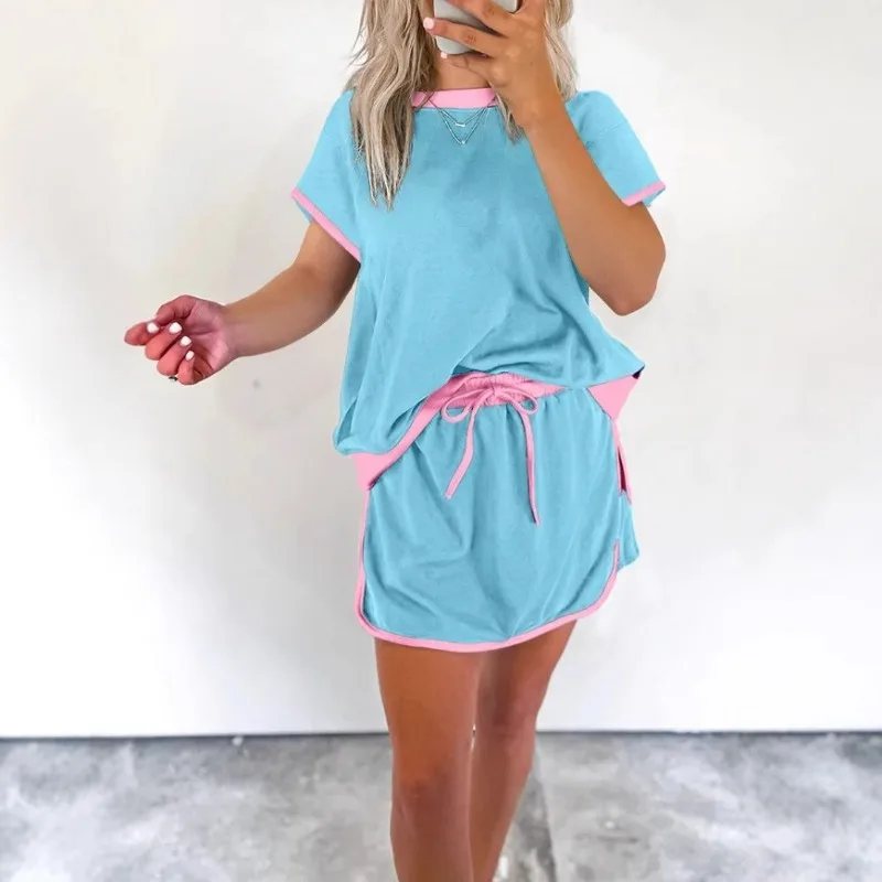 

2026 New Summer Shorts 2 Piece Set Patchwork Color Contrast Short Sleeve T-shirt & Shorts Sports Casual Leisure Women Outfits