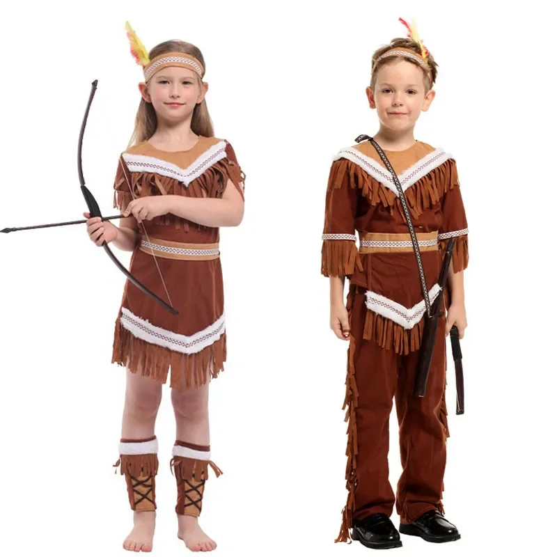 Children Halloween Indian Princess Costumes Kids Girls Boys Pocahontas Huntress Costume Purim Party Mardi Gras Fancy Dress Up