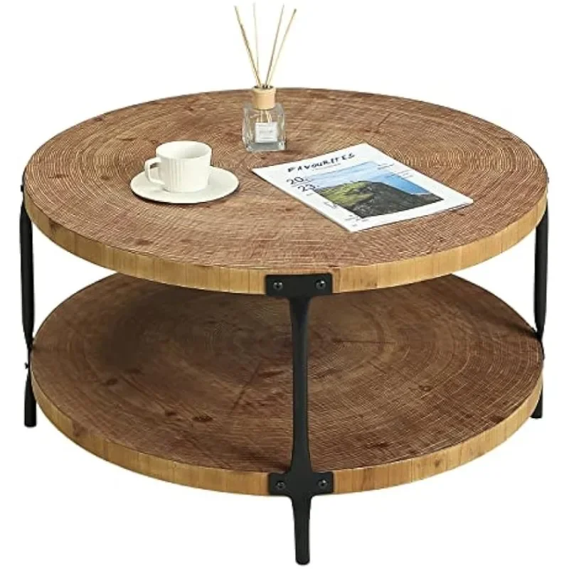 Round Boho Wood Coffee Table ，Farmhouse Natural Circle Wooden  Coffee Tables Living Room Furniture