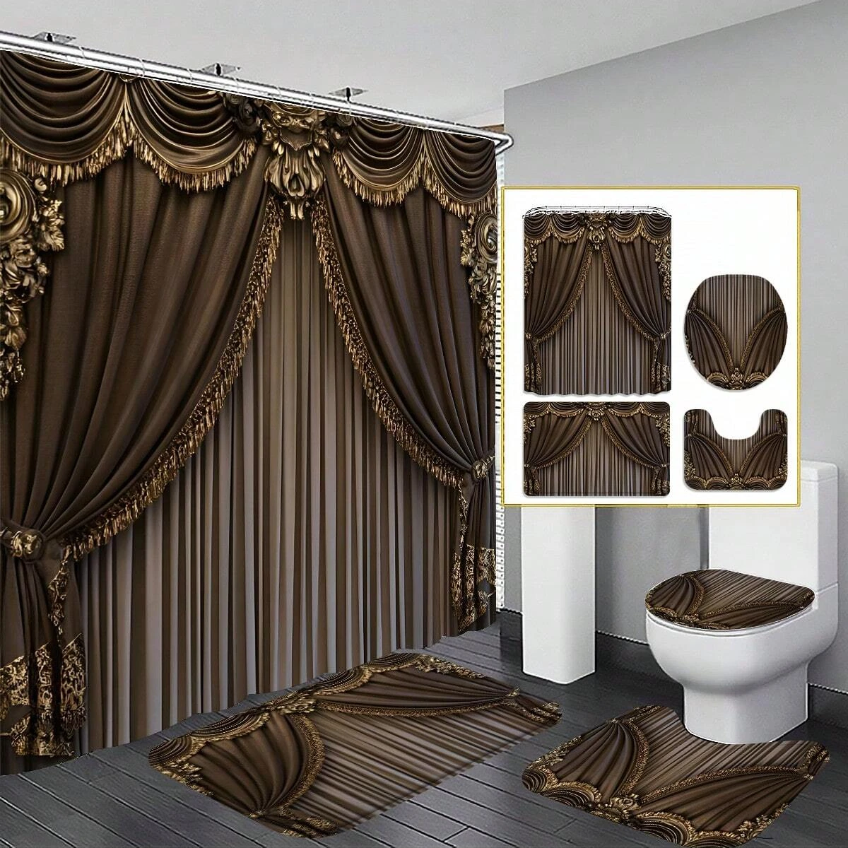 4pcs Palace Style Bathroom Set, Waterproof Fabric Shower Curtain With 12 Hooks, Non-Slip Bathroom Rug, Bathroom Decor