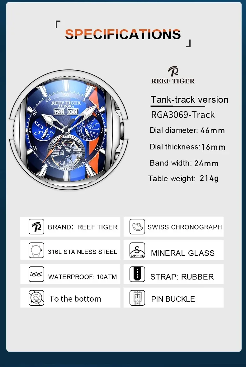 Reef Tiger Men Automatic Watch Tonneau Case Mechanical Wristwatch Racing Dial Luminous Multi-dial Year Month Week Date