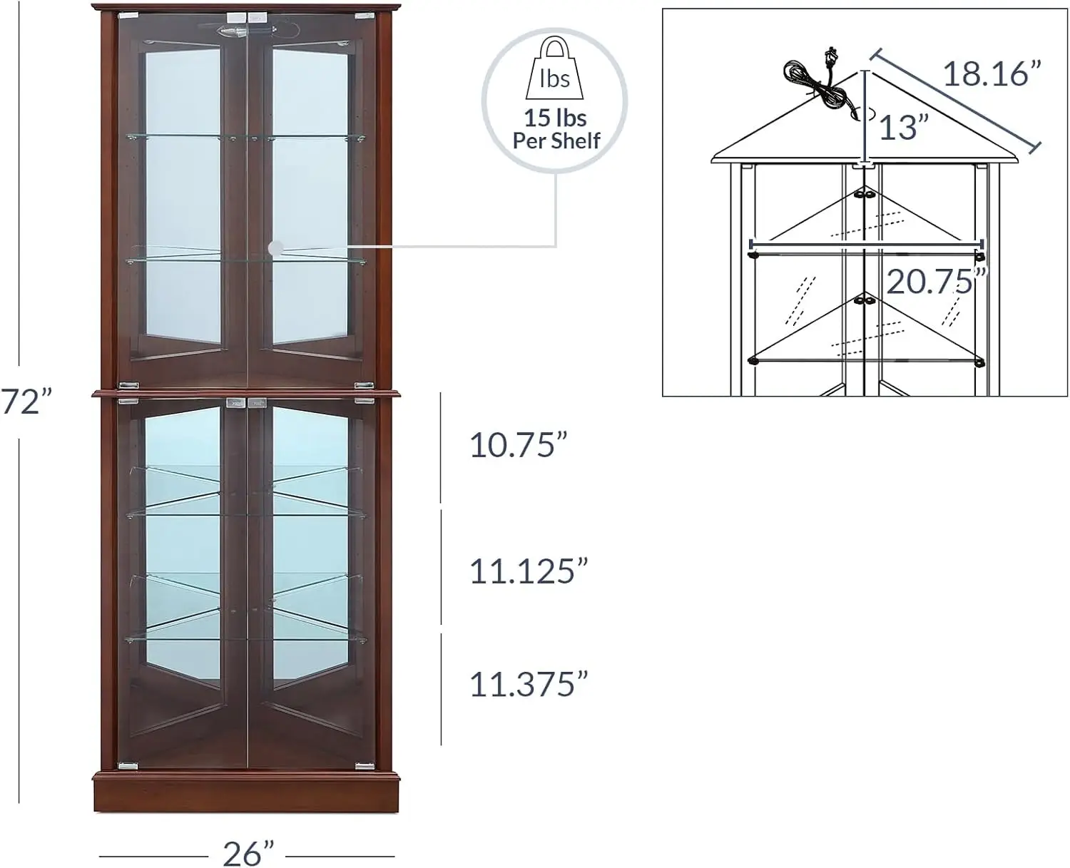 Lighted Corner Display Curio Cabinet Wooden Shelving Unit with Tempered Glass Door,