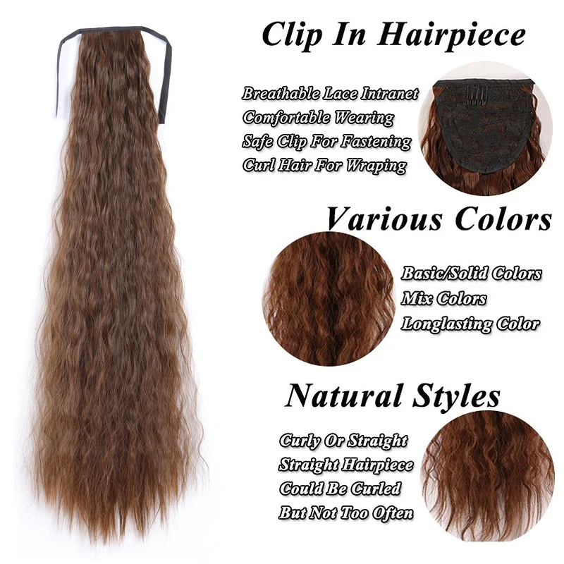 85 cm synthetischer, langer, lockiger, verworrener, lockiger Pferdeschwanz mit Kordelzug, Clip-in-Haarverlängerung, schwarzbraunes Haarteil für Frauen