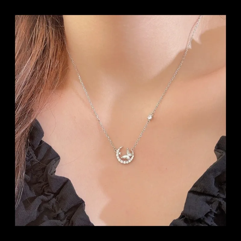 Ins رائجة البيع الهلال القمر نجمة فراشة شكل قلادة ضوء فاخر S925 الفضة الأم قذيفة تصميم الترقوة سلسلة الزركون ne