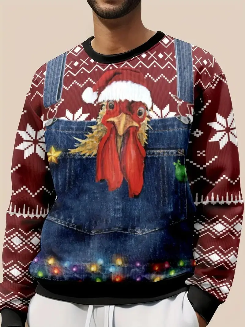 Men's Festive Rooster Santa Hat 3D Printed Long sleeve crew neck pullover - vintage style, polyester blend, plus size