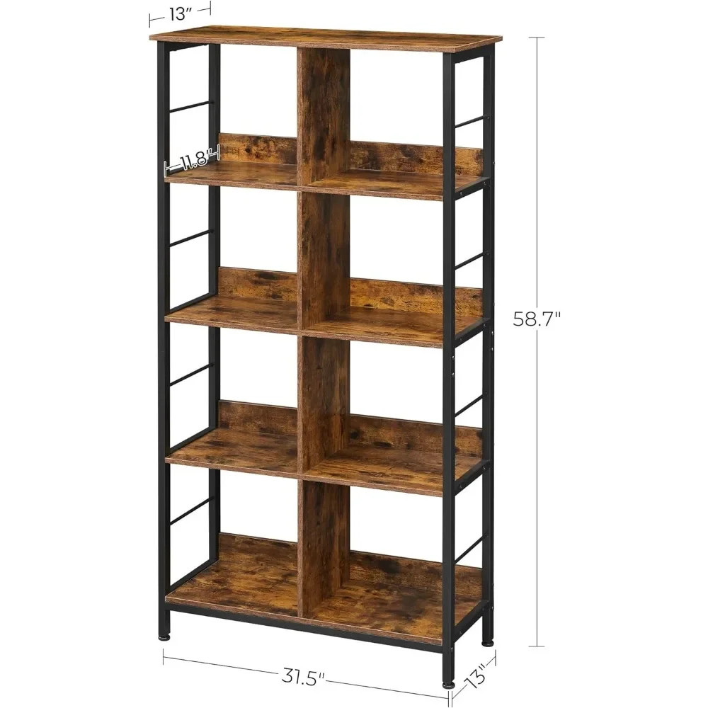 Industrial 8-Compartment Bookshelf Storage Shelf Bedroom 4-Tier Bookcase With 8 Open Slots Display Storage Rack Wardrobe Book