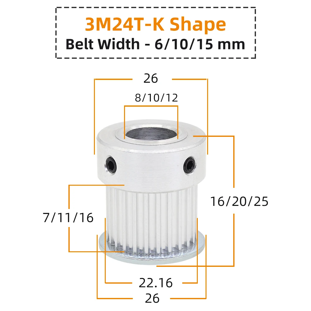 3M24T Timing Belt Pulley Pitch 3.0 mm Circular Tooth BF/K Shape Aluminum Pulley Bore 4/5/6/6.35/7/8mm 3M Belt Width 6/10/15mm