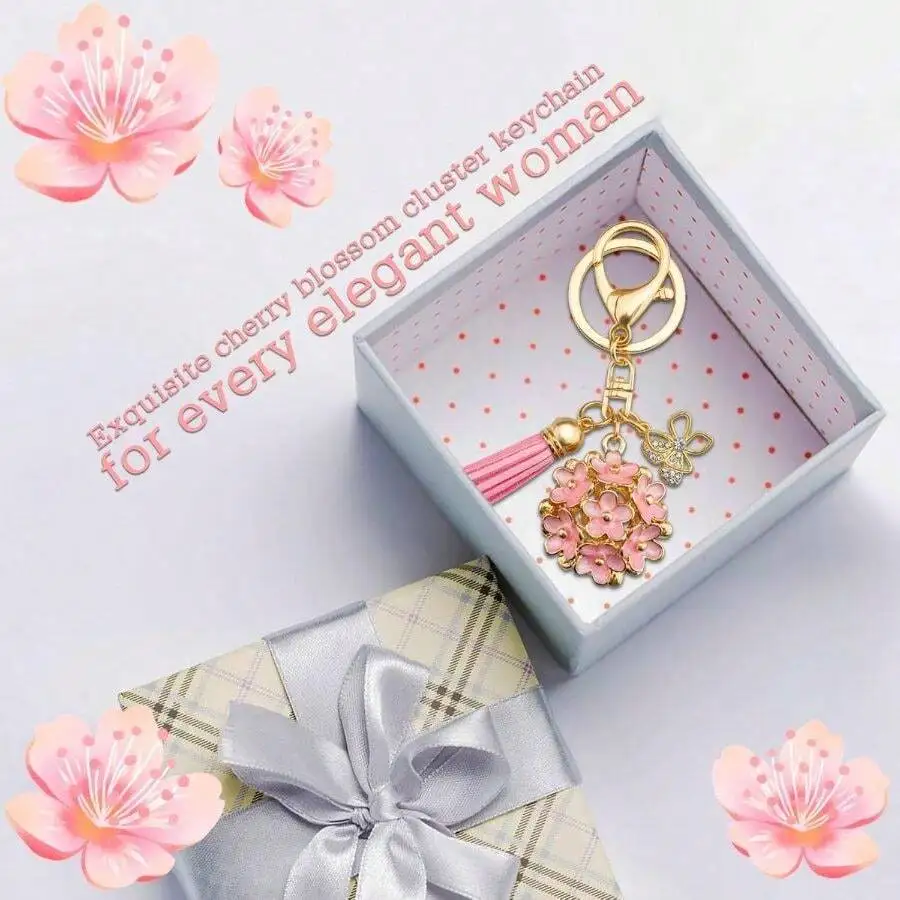

Cherry Blossom Keychain With Pink Flower Cluster And Tassel For Women Handbag Purse Charm