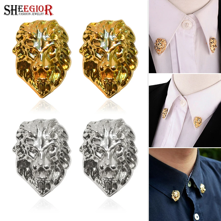 1pair Gold color Lion Head Collar Brooches for Women Fashion Jewelry Lovely Small Badge Men\'s Brooch Lapel Pins Accessories Gift