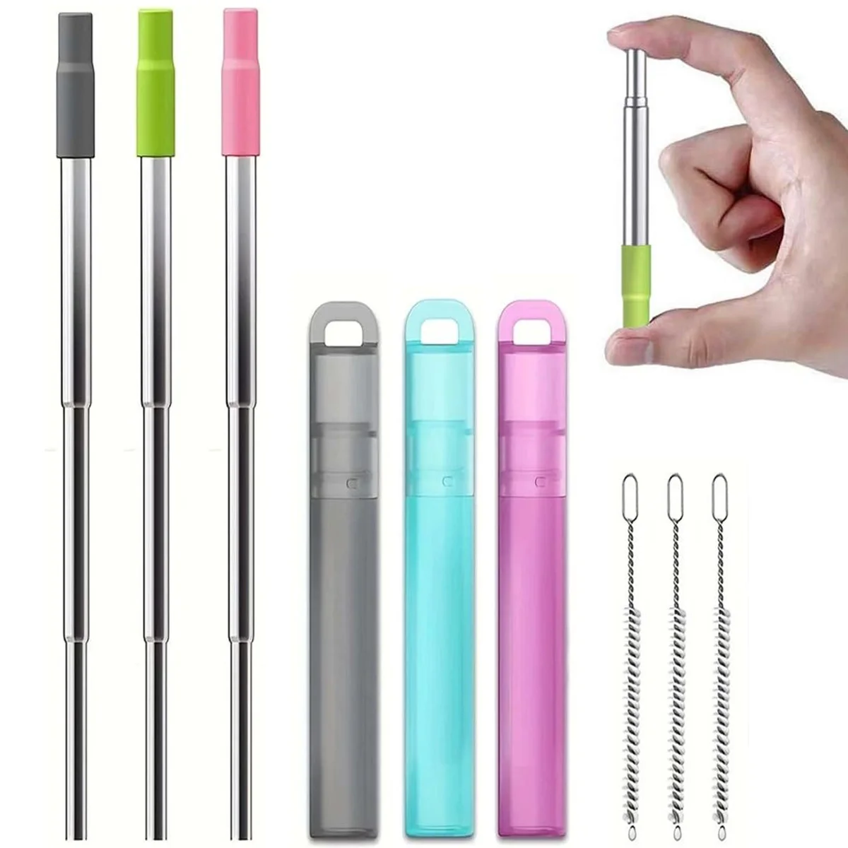 Stainless Steel Reusable Collapsible Straws, with Silicone Tip & Case & Cleaning Brush, Drinking Straw for Travel, Picnic