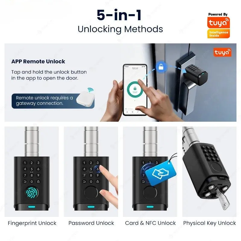 Cylinder IP66 Waterproof Smart Adjustable Door Lock 5 Unlocking Methods APP Fingerprint Password Swipe Card Lock