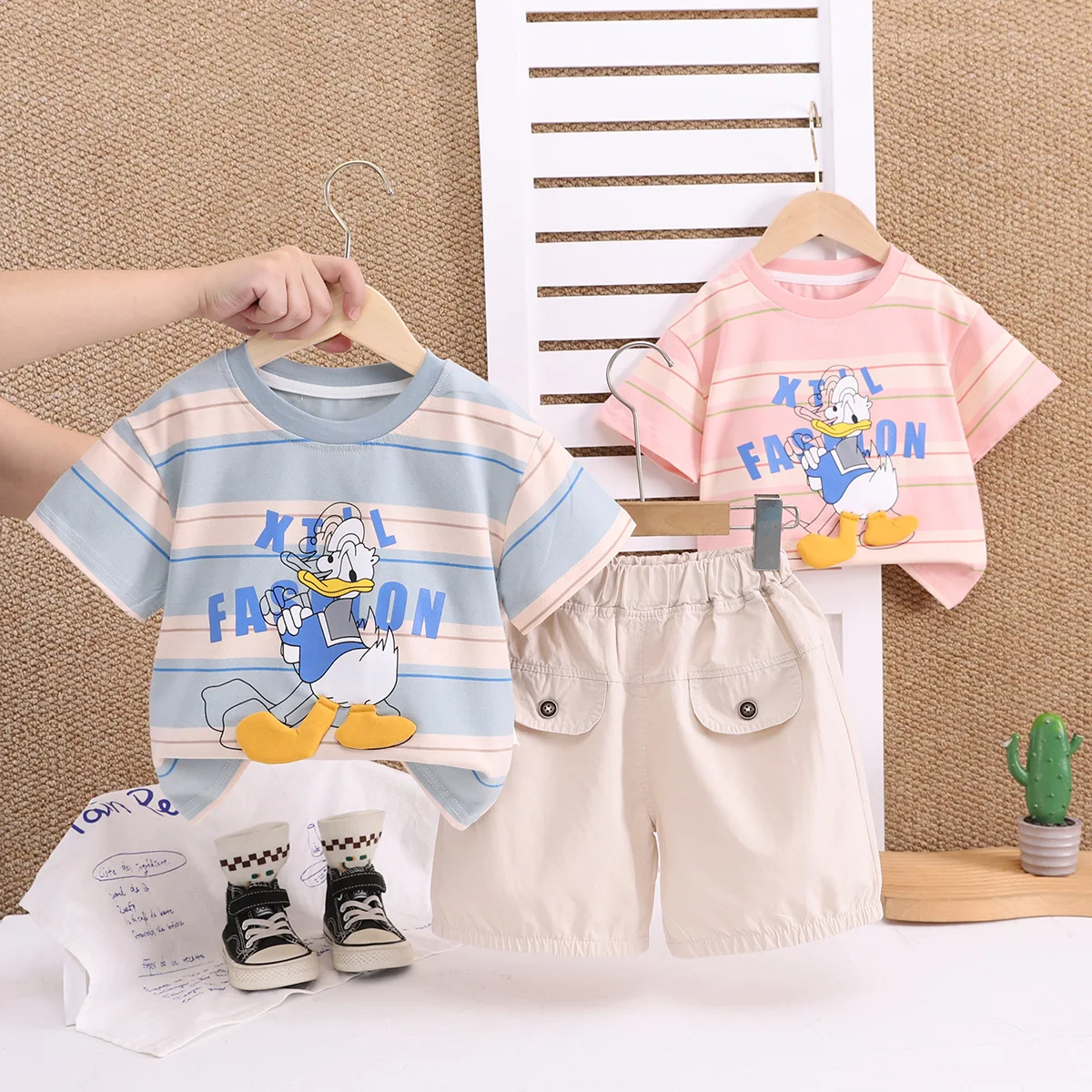 

Summer Children's Clothing Set Baby Boys Cartoon Donald Duck Stripe Short Sleeved T-shirt+Shorts 2pce Suit Kids Casual Tracksuit
