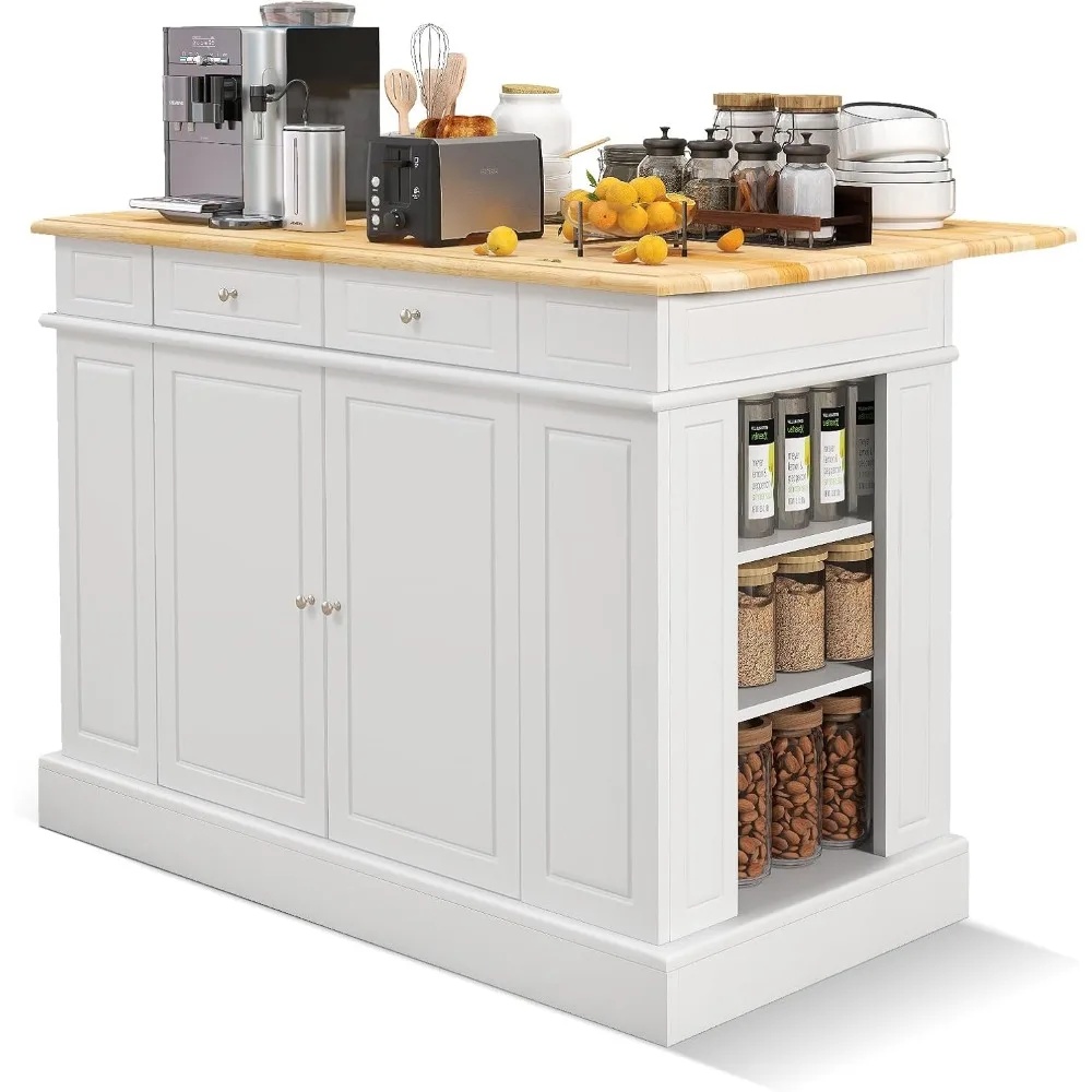 

Kitchen Island with Drop-down Panel, Storage Cabinet with 2 Drawers, Adjustable Shelves, Spice Rack, Fixed Dining Island