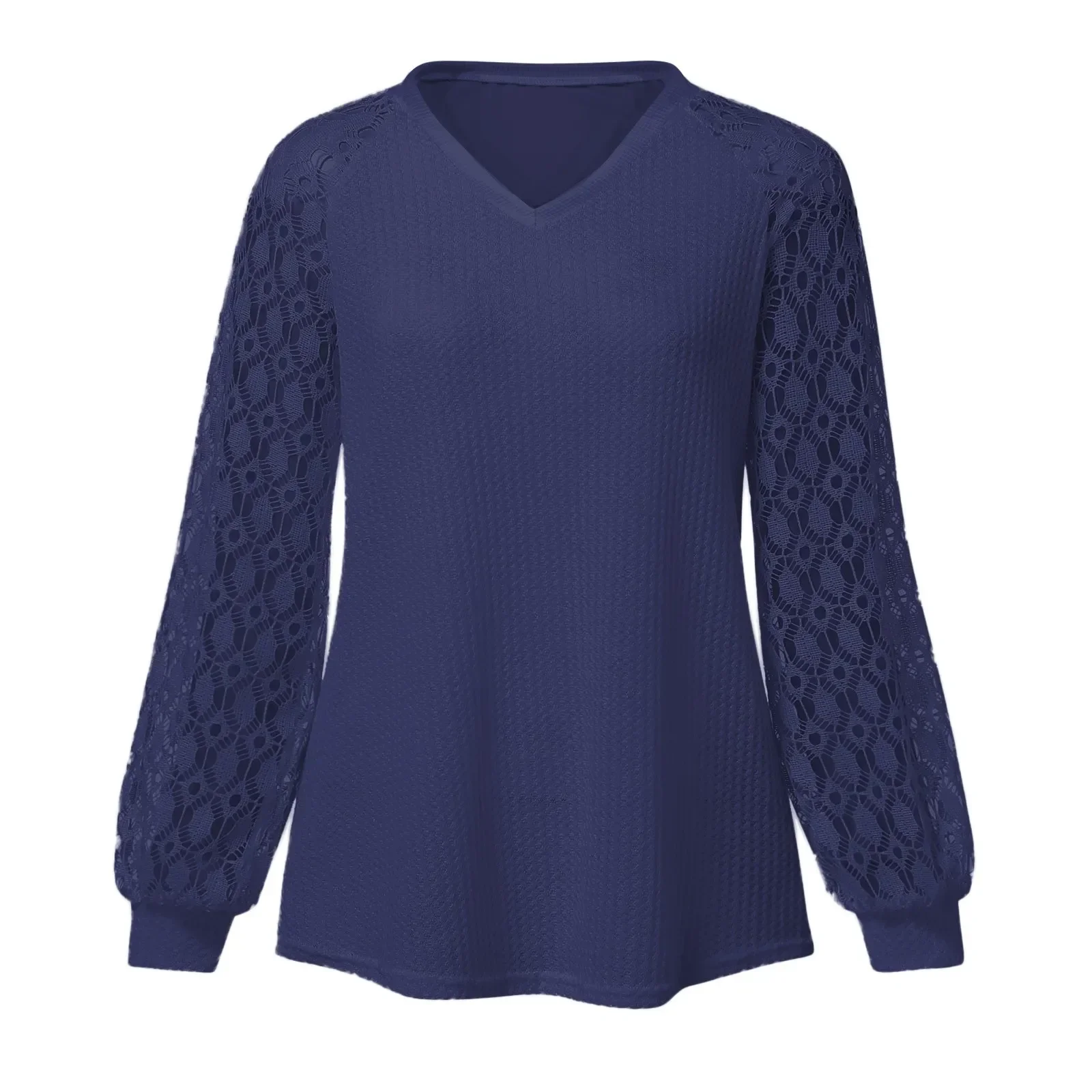 Lace sleeved shirt knitted V-neck top T-shirt