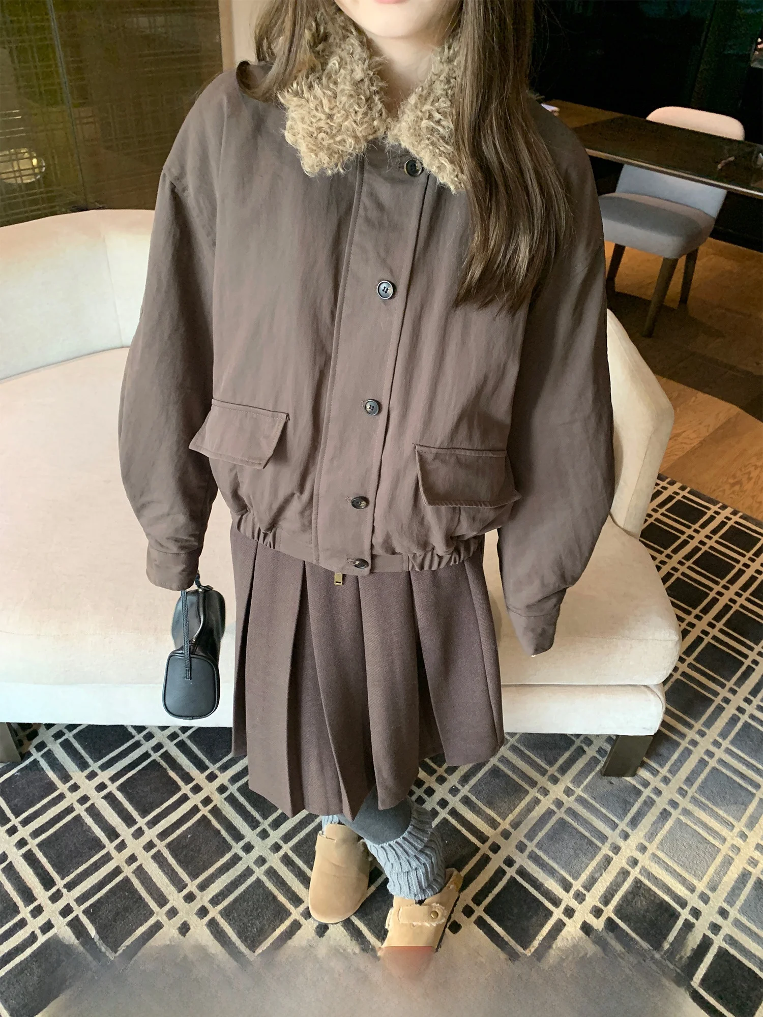 

Корейское женское хлопковое пальто с меховым воротником, теплое пальто Wed Coffee op ort, осенне-зимнее новое поступление