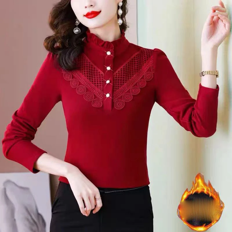 

Elegant Ruffled Neck Spliced Embroidery Lace Blouses Women Clothing 2024 Autumn Winter New Loose All-match Tops Chic Warm Shirts