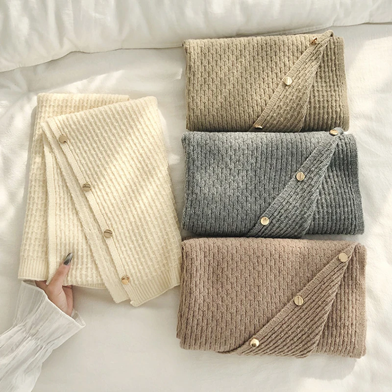 New Spring Women\'s Knitted Scarf Shawls Knit Pashmina with Button Vest Solid Cashmere Shawl Wraps Bufandas Mujer Ponchos Cape
