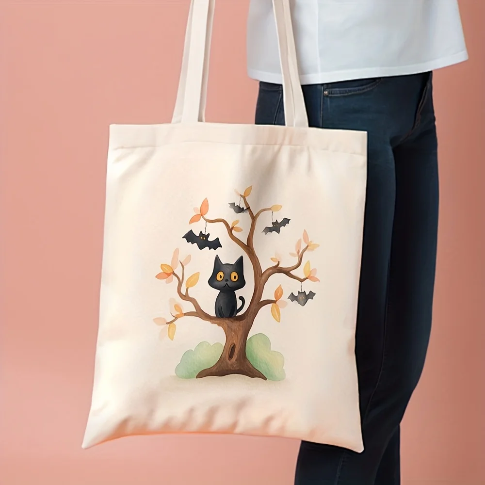 1pc, Adorable Bat And Cat Design Canvas Tote Bag for Groceries (35.05cm X 40.13cm), a Trendy for Halloween Gift Bag Suitable for