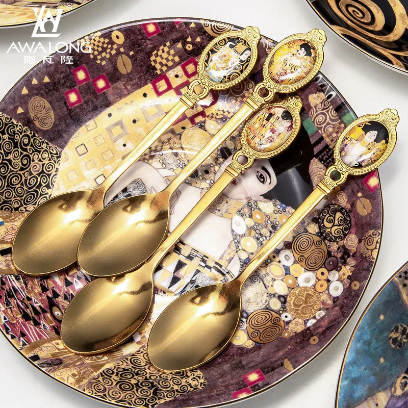 Stainless Steel Coffee Scoops Klimt Kiss Dessert Spoons Classcial Gloden Spoons Kitchen Accessories