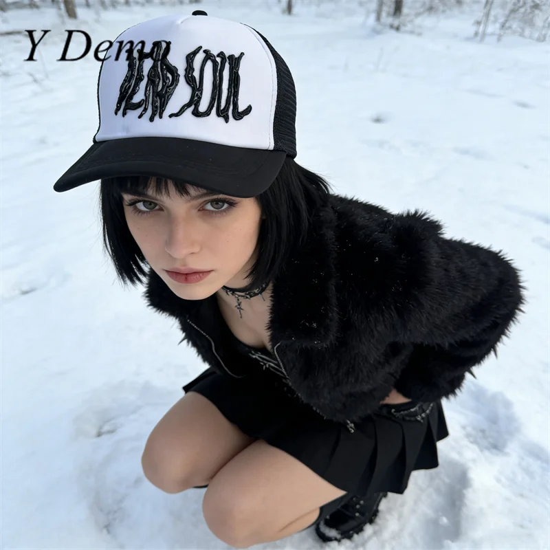 

Бейсболка унисекс Y Demo Streetwear Punk, черно-белая, с 3D-надписью, регулируемая, сетчатая, для активного отдыха, солнцезащитная