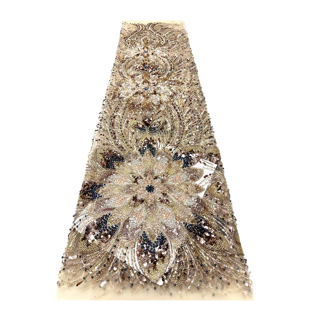 

African net embroidered beaded Lace Fabric 2025 French Nigerian sequined lace embroidered Fabric lady gown wedding dress