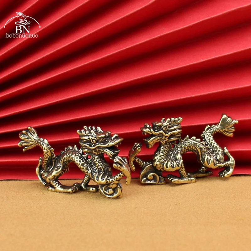 Solid Brass Zodiac Dragon Small Statue Desktop Ornament Chinese Mythical Beast Figurines Retro Home Feng Shui Decorations Crafts