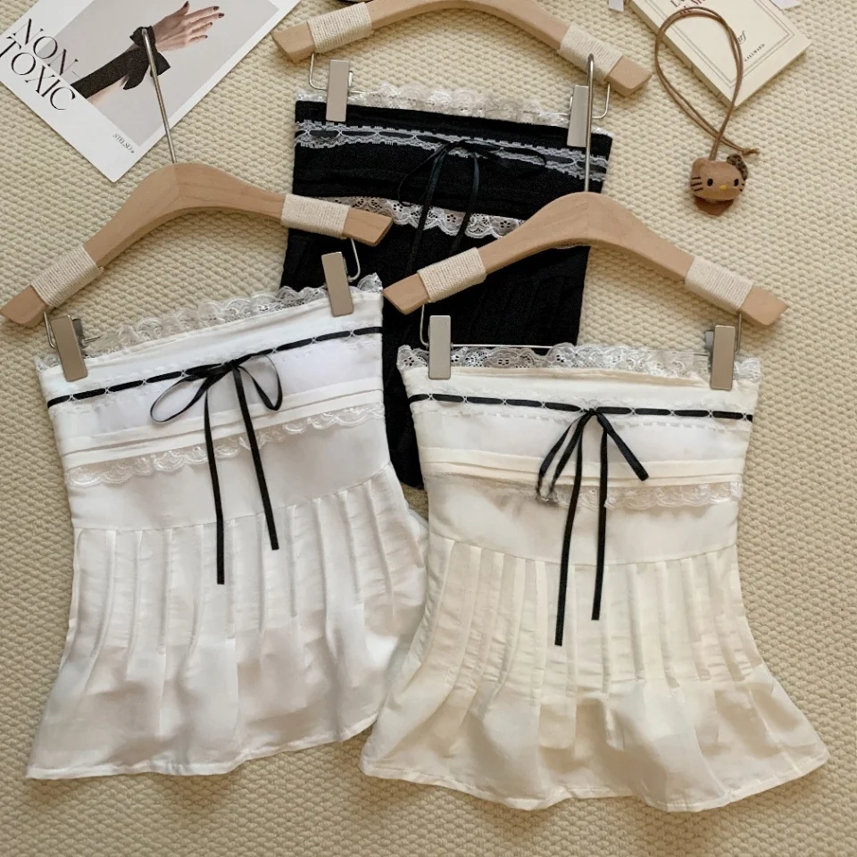 Summer New Pure Desire Lace Trim  Knot One Shoulder Vest Women's Fixed Strap Chest Pad Top Elegant Short Style