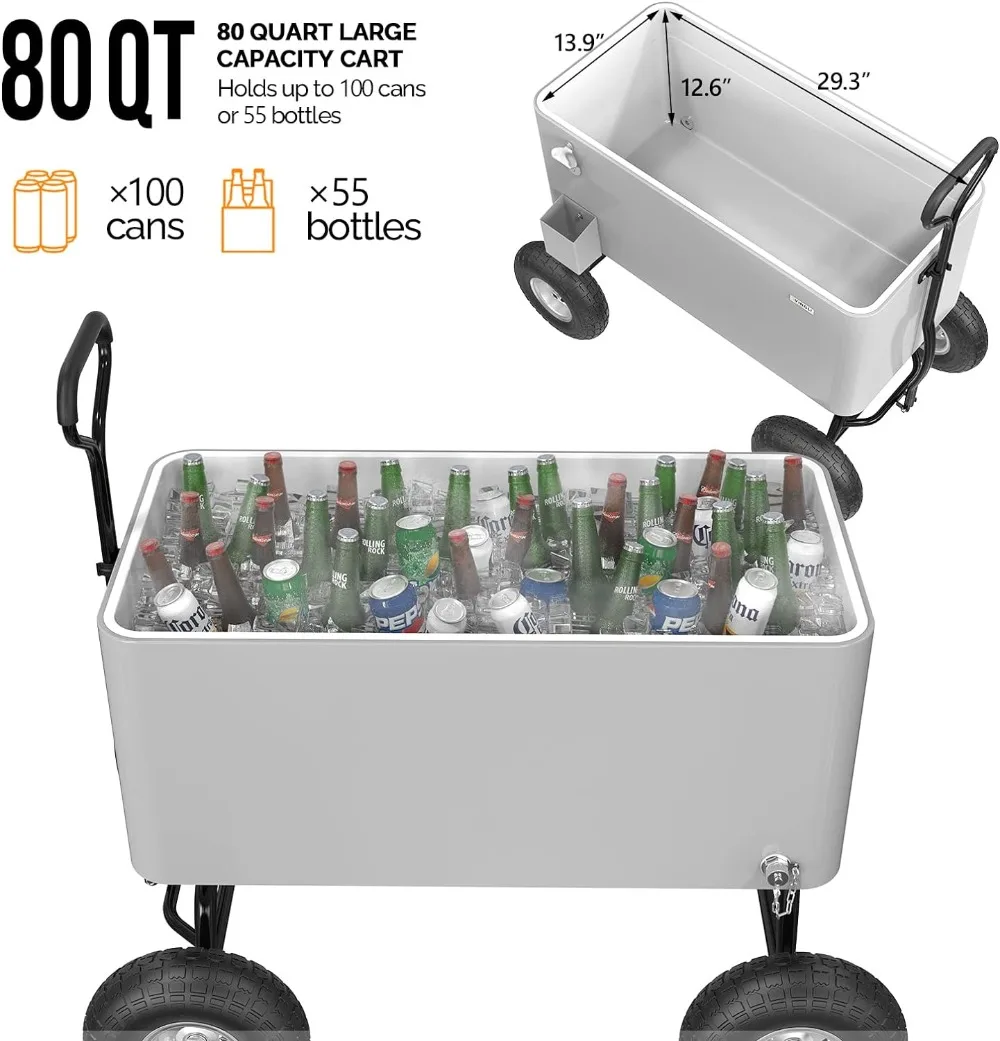 VINGLI-Wagon Rolling Cooler Ice Chest, portátil, Praia, Pátio, Festa, Bar, Bebida fria, Parque ao ar livre Carrinho sobre rodas, 80 Quart