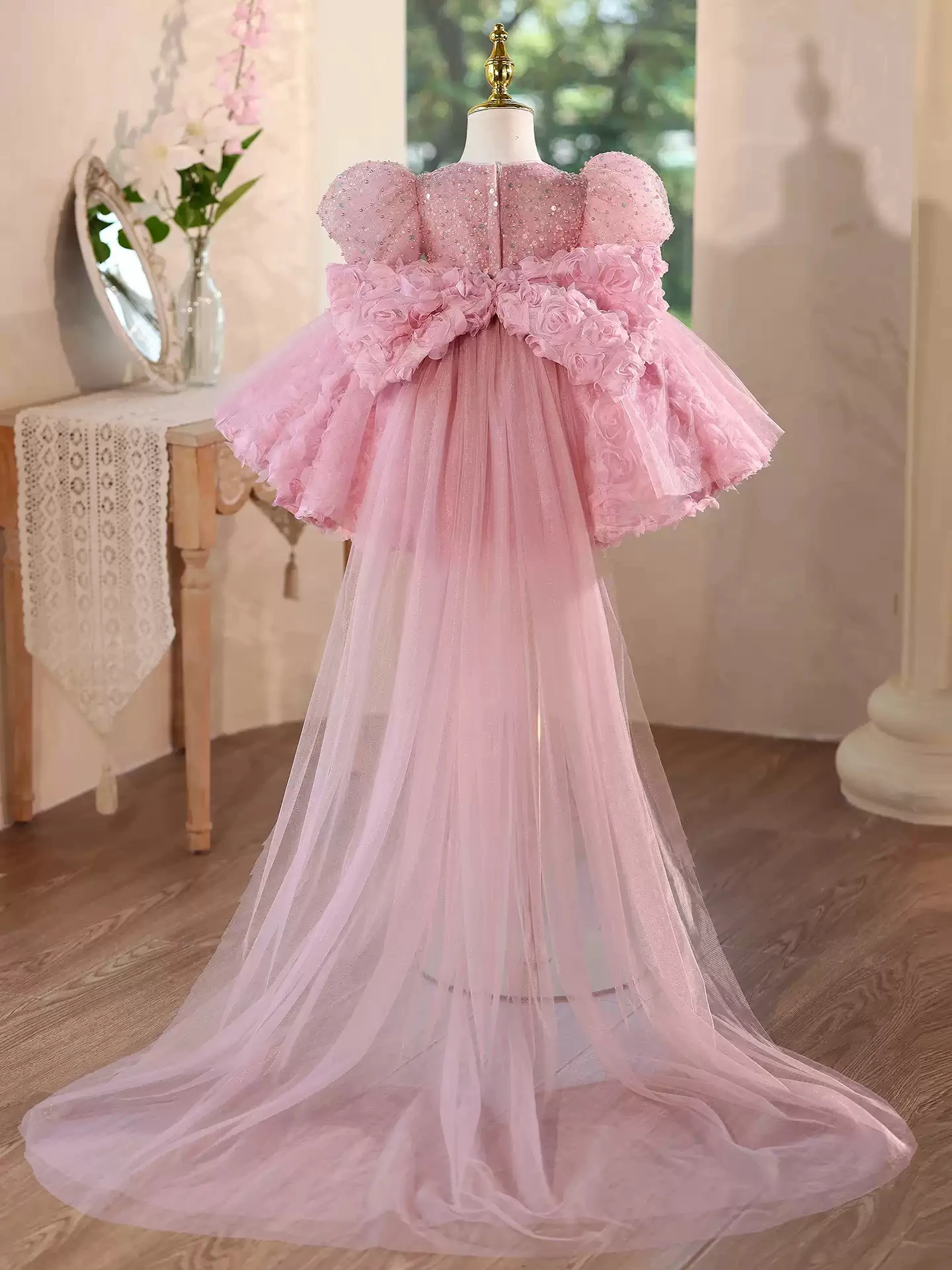 KLFLGD Baby Girl Pageant Dress Sequins Embroidered Lace Toddler Flower Wedding Birthday Party Gown Dresses