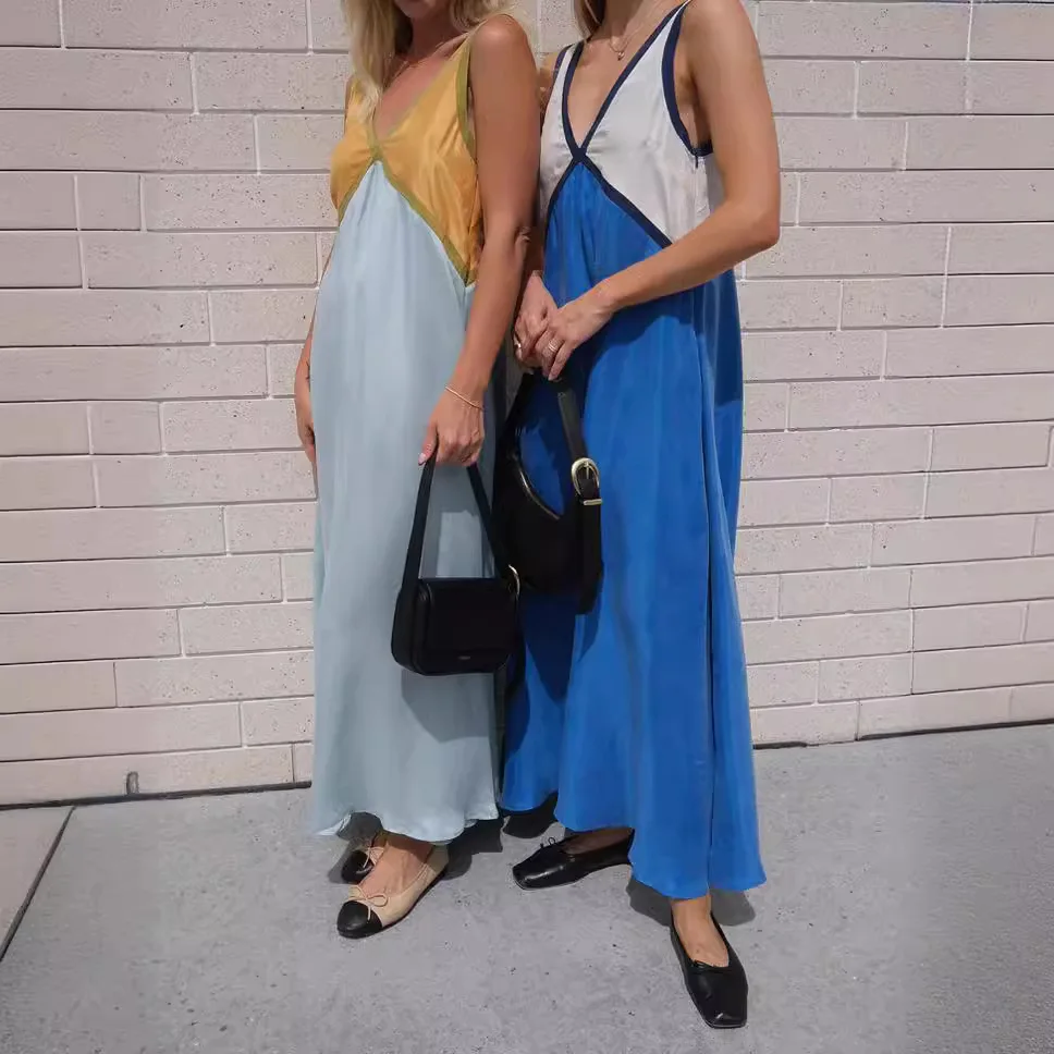 Summer Wish Women's Loose Sleeveless Vest Dress Color Block V-Neck Sexy Style Polyester Fiber Single Piece Chinese Production