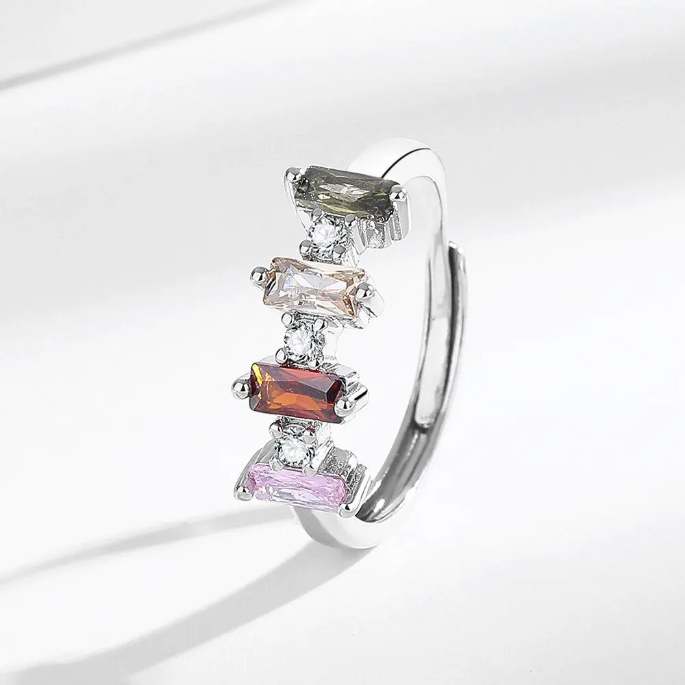 

925 Sterling Silver Ring Colored Square Zircons Ring Ladies Fashion Simple Birthday Party Wedding Anniversary Jewelry Gift