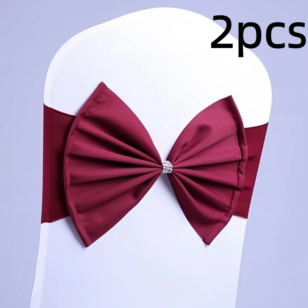 2pcs Creative Vintage Satin Chair Sashes Band Multicolor Reusable Chair Bow Tie Elastic Large Chair Back Ribbon Hotel Banquet