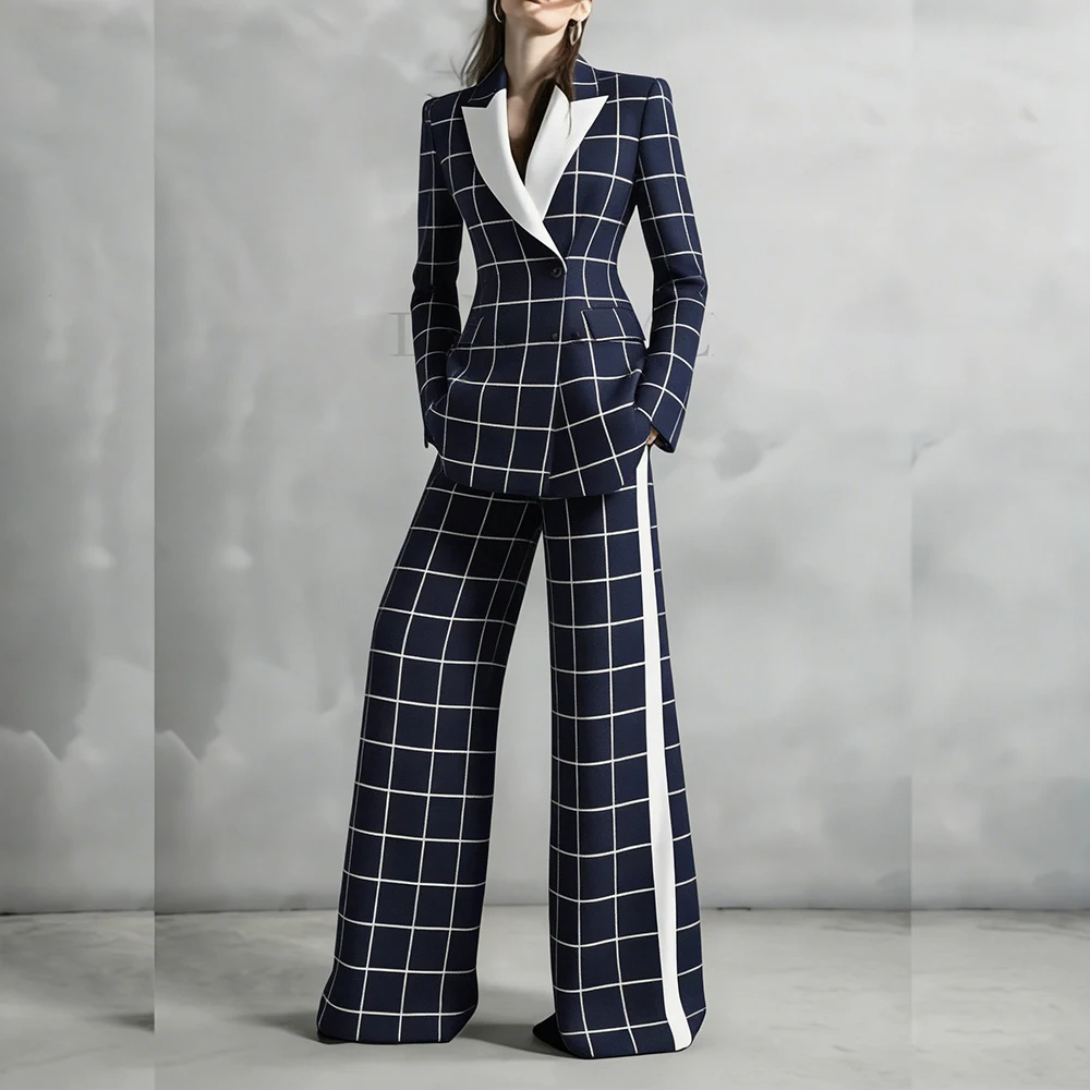 

Navy Blue Plaid Women's Suits Blazer White Peak Lapel Wide Leg Pants Sets Formal Office Lady 2 Piece Jacket Pants Outfits