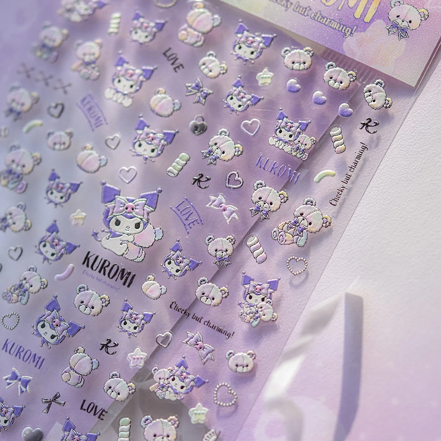 5D Embossed Kuromi Nail Parts Cute Cartoon Nail Art Accessories Self-Adhesive Long-lasting Sanrio Nail Stickers