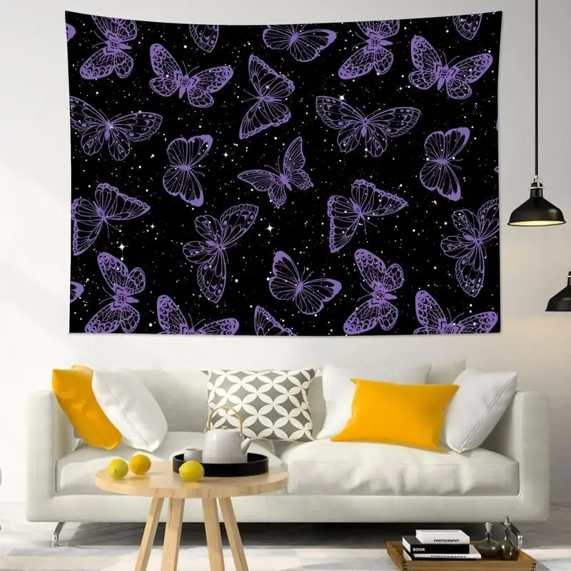 VIKAMA Purple Butterfly Tapestry Black Starry Sky Background Cloth Bedroom Dormitory Living Room Aesthetic Home Decoration