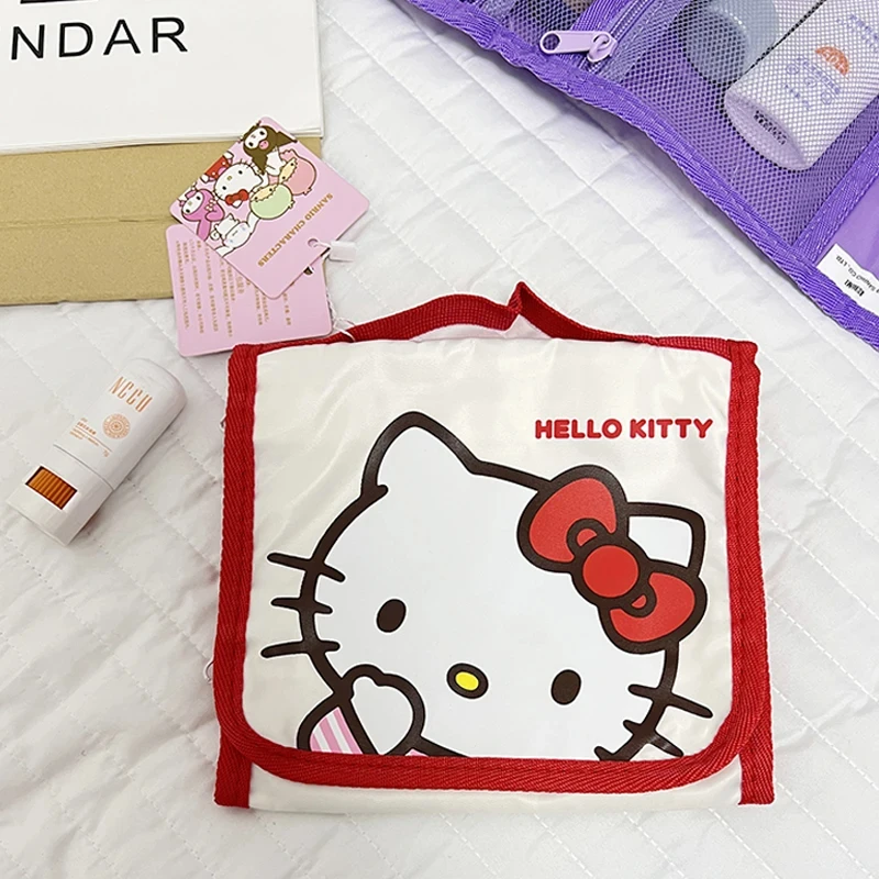 Sanrio Hello Kitty Cosmetic Bag Cartoon Cute Large Capacity Folding Storage Travel Bag Kawaii Portable Handheld Plaid Bag