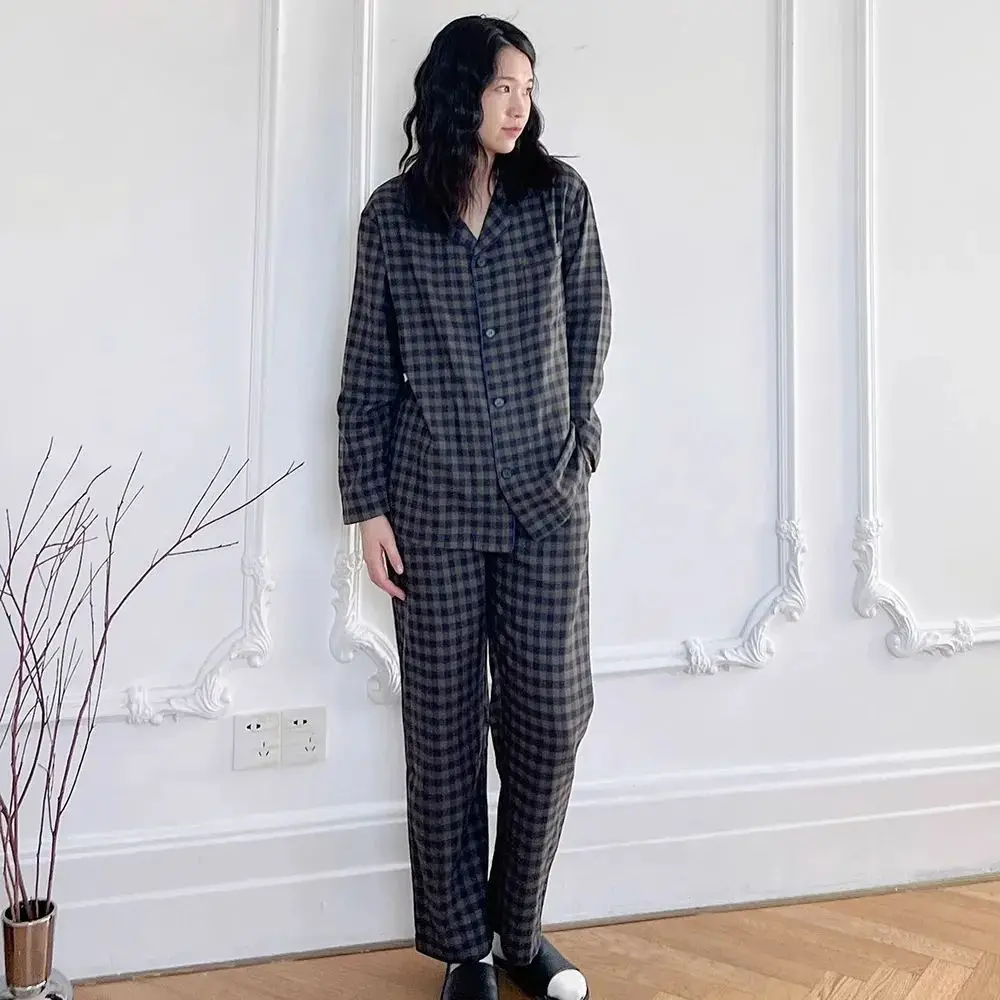 Couple Plaid Pajamas Men Comfortable Leisure Home Wear Women Can Be Worn Outside Sleepwear Ladies Turn-down Collar Nightdress