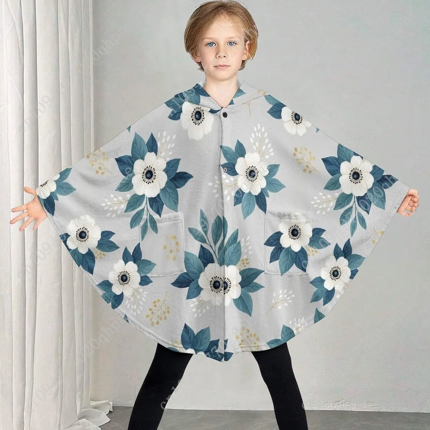 居心地の良いフランネルブランケットセーター、花柄の白い特大パーカー、子供とティーンエイジャー向けのポケット付き